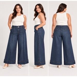 Venezia Dark Wash High Rise Wide Leg Trouser Jeans with Front Pleats Cuffs 16